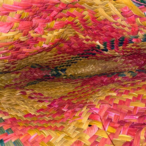 Woven Straw Tote Bag With Pink & Green Pattern - Picture 5 of 5